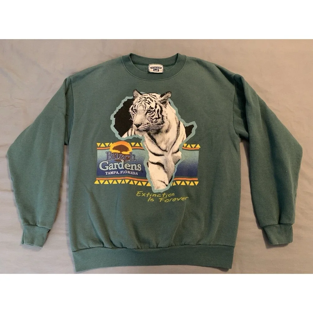 Vintage Busch Gardens Tampa Tiger Crewneck Sweat Shirt Men's Large Green - Picture 2 of 9